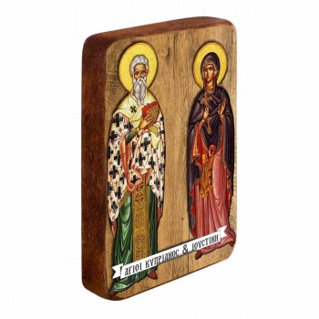ΑΓΙΟΙ ΚΥΠΡΙΑΝΟΣ & ΙΟΥΣΤΙΝΗ - Ξύλινη Εικονίτσα Μπομπονιέρα 10cm