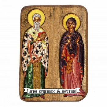 ΑΓΙΟΙ ΚΥΠΡΙΑΝΟΣ & ΙΟΥΣΤΙΝΗ - Ξύλινη Εικονίτσα Μπομπονιέρα 10cm