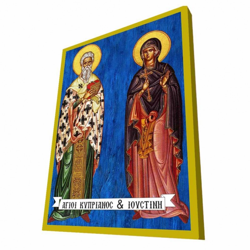 ΑΓΙΟΙ ΚΥΠΡΙΑΝΟΣ & ΙΟΥΣΤΙΝΗ - Μπλε Ξύλινη Βυζαντινή Εικόνα