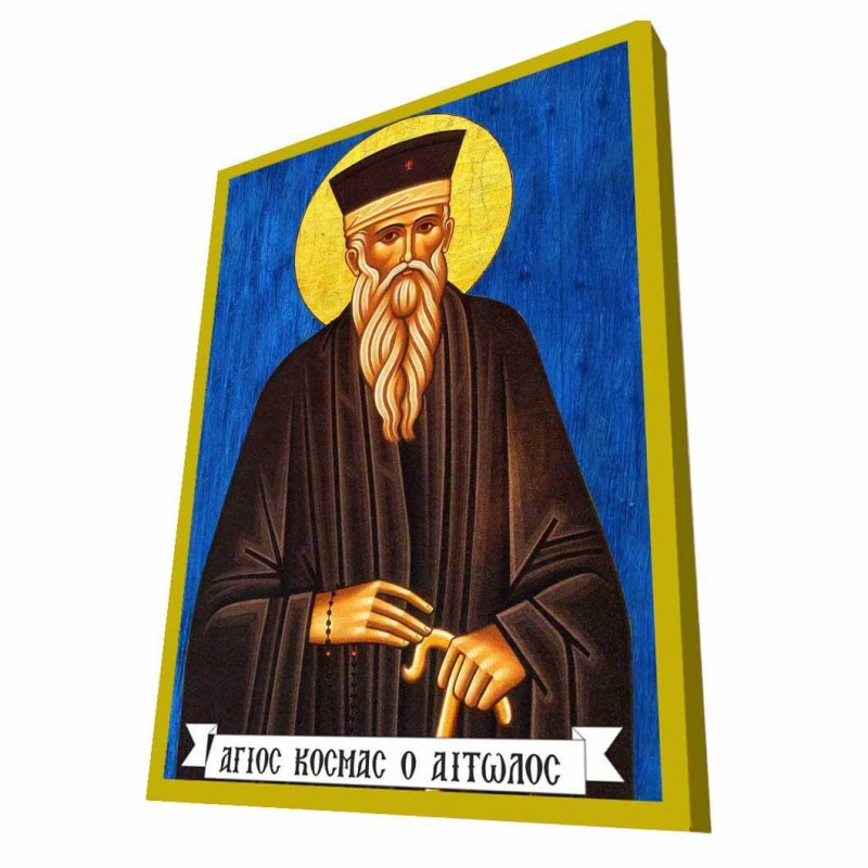 ΑΓΙΟΣ ΚΟΣΜΑΣ ΑΙΤΩΛΟΣ - Μπλε Ξύλινη Βυζαντινή Εικόνα