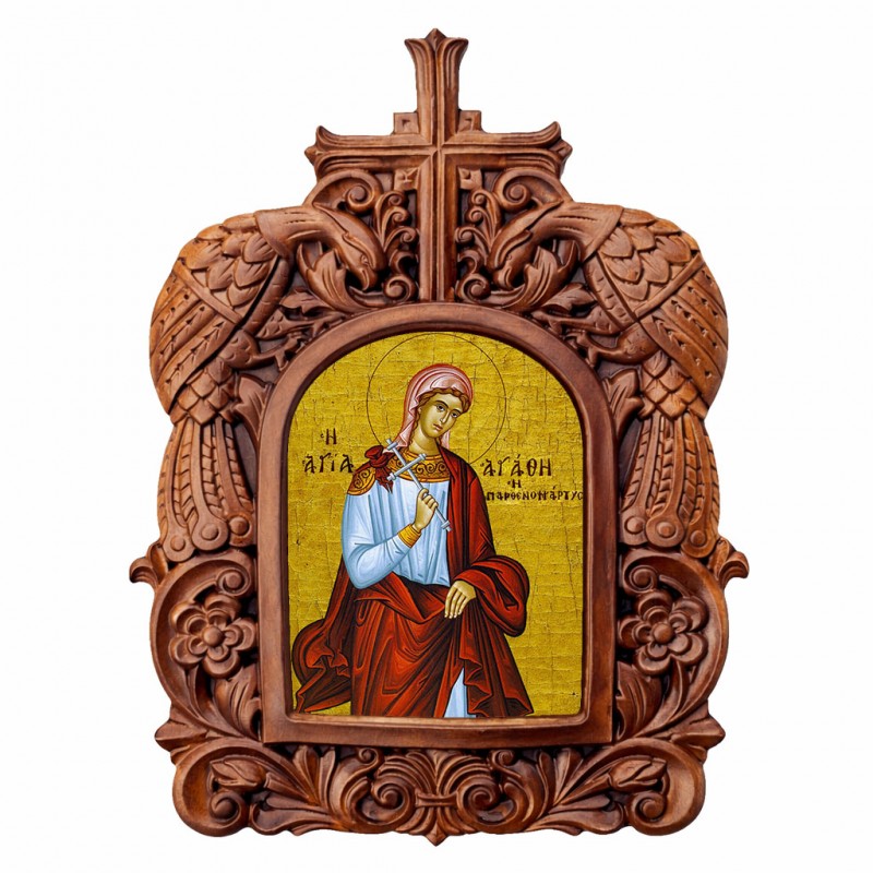 Αγία Αγαθή - Ξυλόγλυπτη Κορνίζα Παγώνια 38cm
