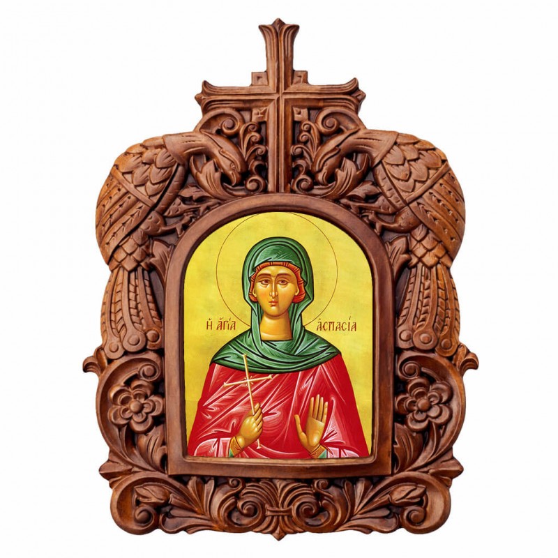 Αγία Ασπασία - Ξυλόγλυπτη Κορνίζα Παγώνια 38cm