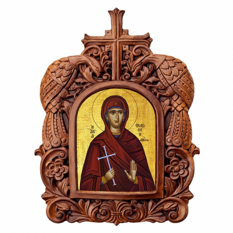 Αγία Φιλοθέη - Ξυλόγλυπτη Κορνίζα Παγώνια 38cm