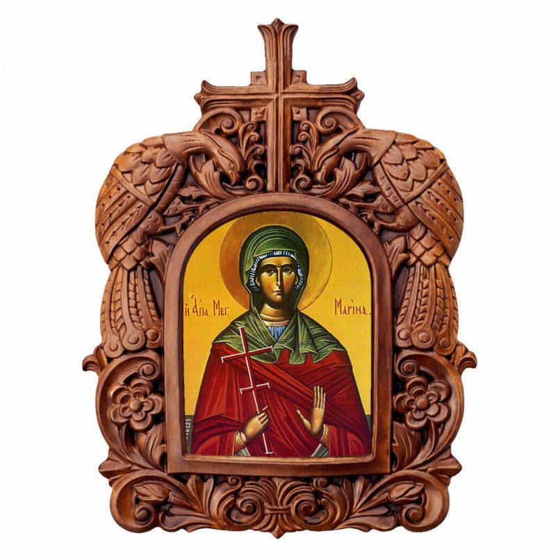 Αγία Μαρίνα - Ξυλόγλυπτη Κορνίζα Παγώνια 38cm