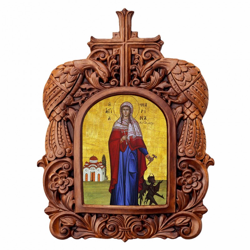 Αγία Μαρίνα - Ξυλόγλυπτη Κορνίζα Παγώνια 38cm
