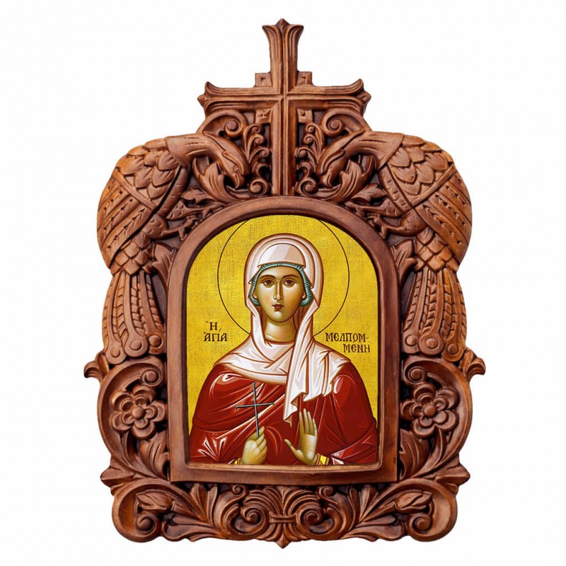 Αγία Μελπομένη - Ξυλόγλυπτη Κορνίζα Παγώνια 38cm