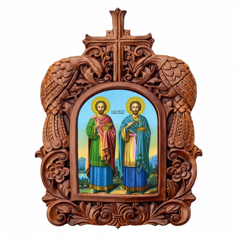 Άγιοι Ανάργυροι - Ξυλόγλυπτη Κορνίζα Παγώνια 38cm