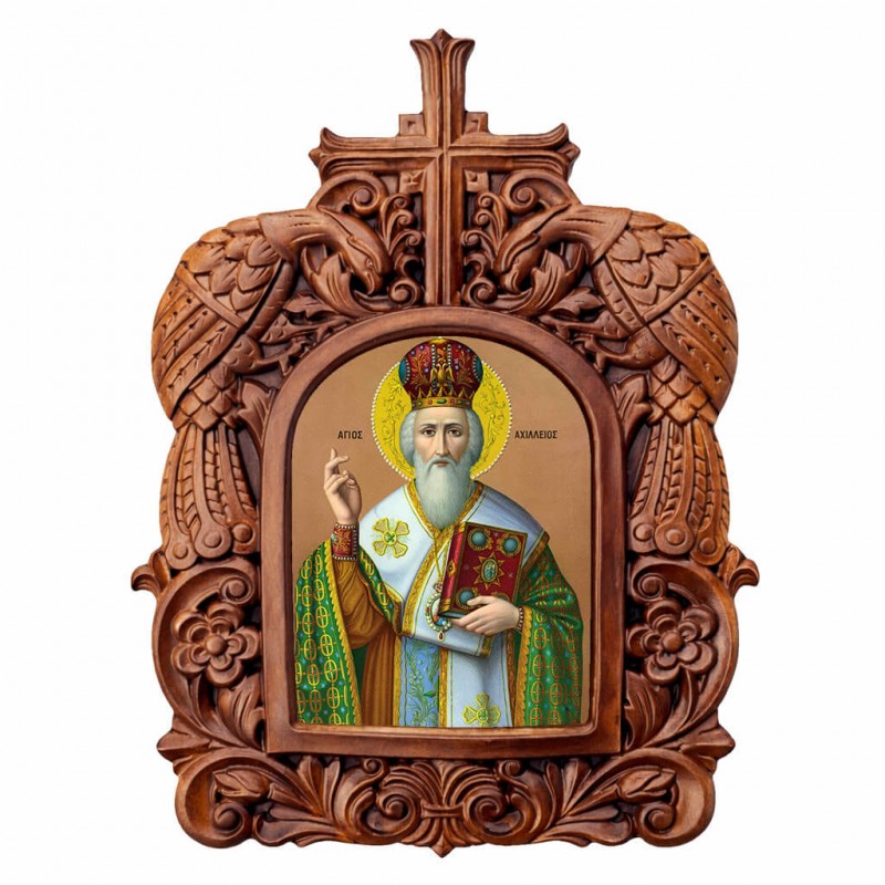 Άγιος Αχίλλειος - Ξυλόγλυπτη Κορνίζα Παγώνια 38cm