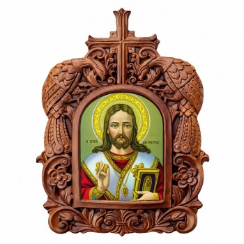 Άγιος Ελευθέριος - Ξυλόγλυπτη Κορνίζα Παγώνια 38cm