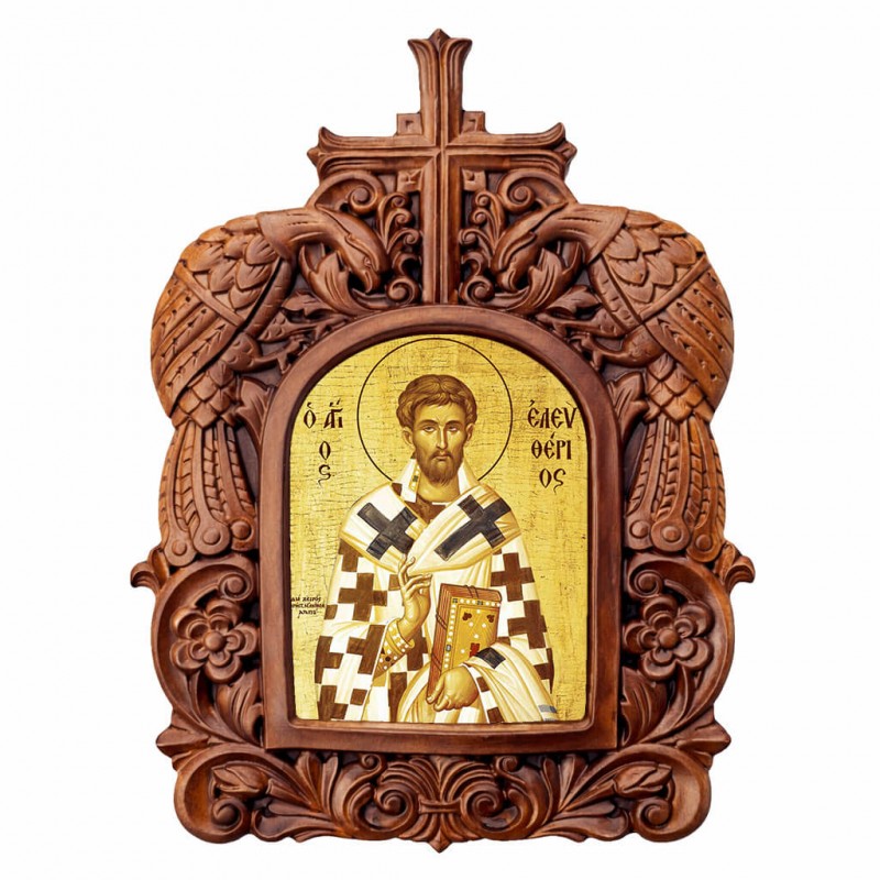 Άγιος Ελευθέριος - Ξυλόγλυπτη Κορνίζα Παγώνια 38cm