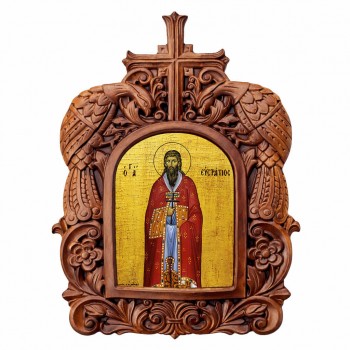 Άγιος Ευστράτιος - Ξυλόγλυπτη Κορνίζα Παγώνια 38cm