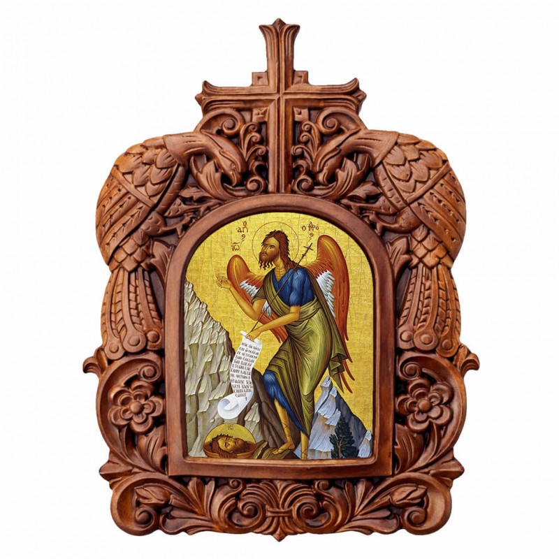 Άγιος Ιωάννης Πρόδρομος - Ξυλόγλυπτη Κορνίζα Παγώνια 38cm