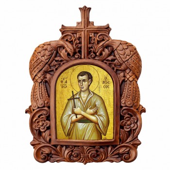 Άγιος Ιωάννης Ρώσος - Ξυλόγλυπτη Κορνίζα Παγώνια 38cm