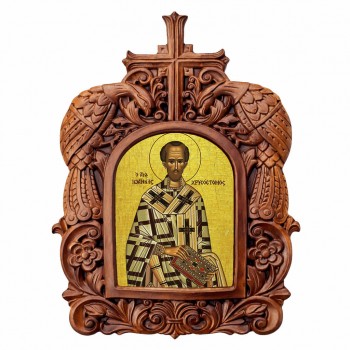 Άγιος Ιωάννης Χρυσόστομος - Ξυλόγλυπτη Κορνίζα Παγώνια 38cm