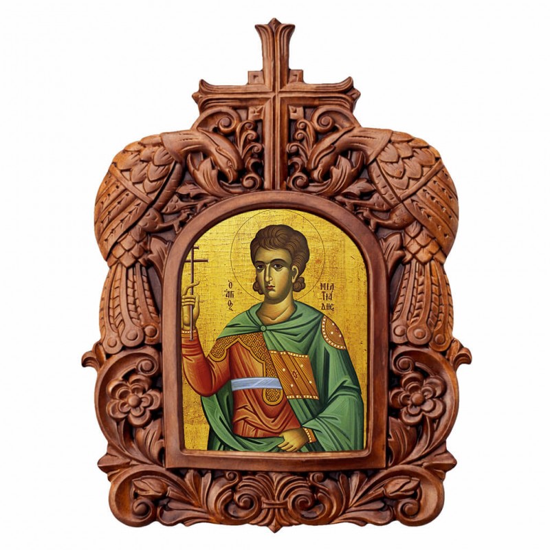 Άγιος Μιλτιάδης - Ξυλόγλυπτη Κορνίζα Παγώνια 38cm