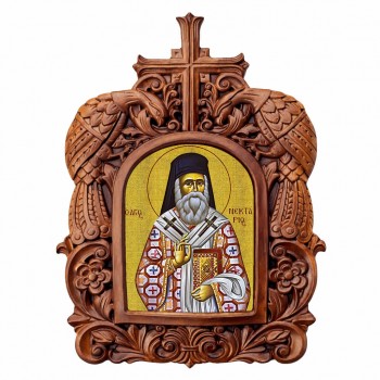 Άγιος Νεκτάριος - Ξυλόγλυπτη Κορνίζα Παγώνια 38cm