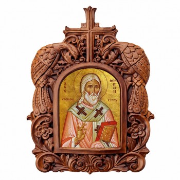 Άγιος Θεράπων - Ξυλόγλυπτη Κορνίζα Παγώνια 38cm