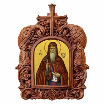 Άγιος Ξενοφών - Ξυλόγλυπτη Κορνίζα Παγώνια 38cm
