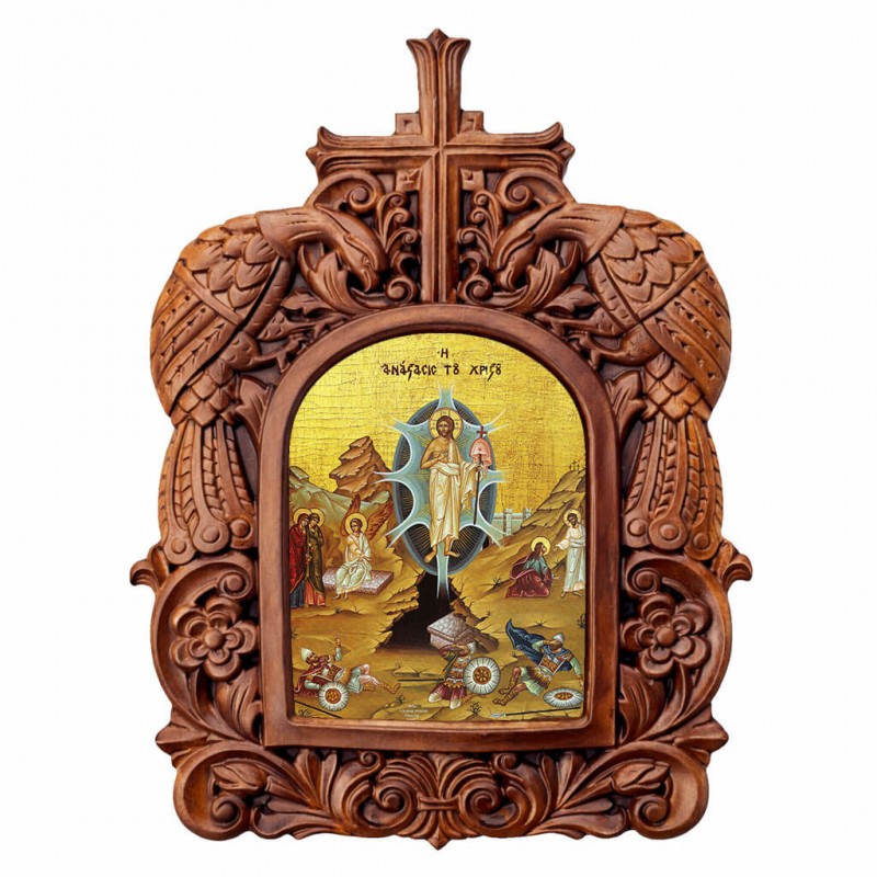 Ανάσταση Χριστού - Ξυλόγλυπτη Κορνίζα Παγώνια 38cm