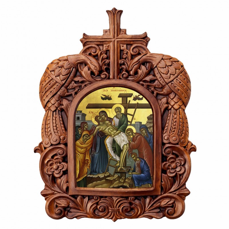 Αποκαθήλωση Χριστού - Ξυλόγλυπτη Κορνίζα Παγώνια 38cm