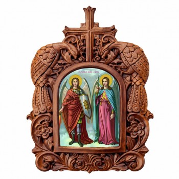 Αρχάγγελοι Μιχα΄ήλ & Γαβριήλ - Ξυλόγλυπτη Κορνίζα Παγώνια 38cm