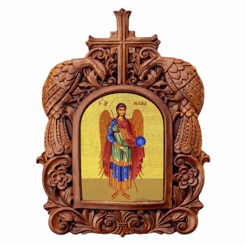 Αρχάγγελος Μιχαήλ - Ξυλόγλυπτη Κορνίζα Παγώνια 38cm