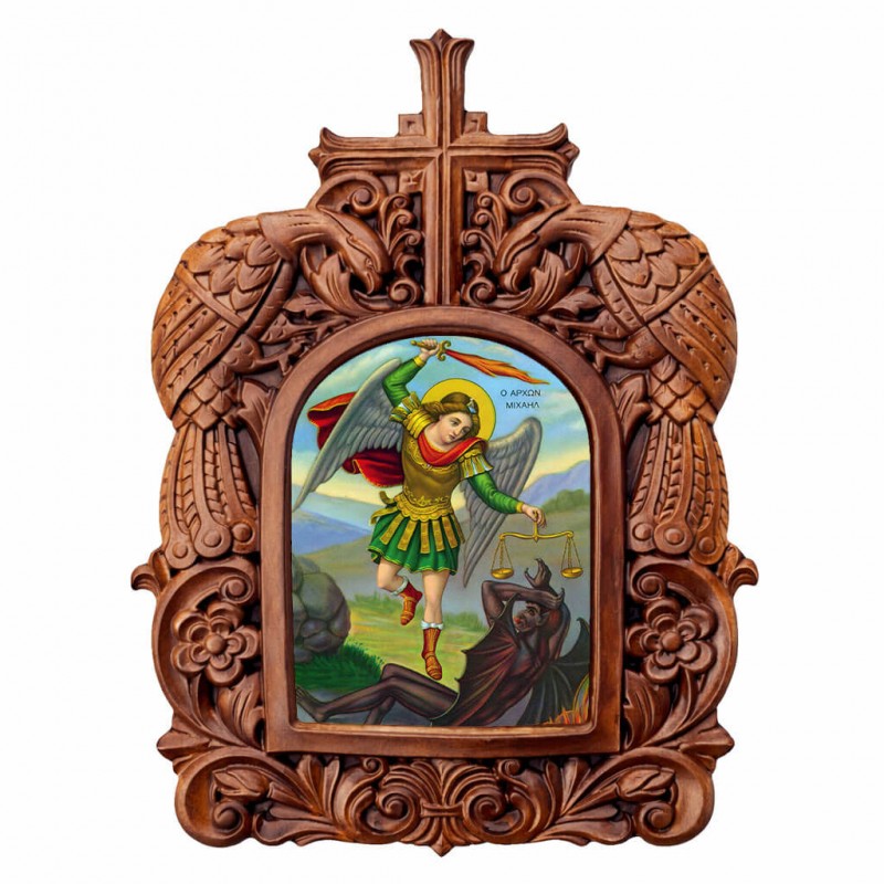 Αρχάγγελος Μιχαήλ - Ξυλόγλυπτη Κορνίζα Παγώνια 38cm