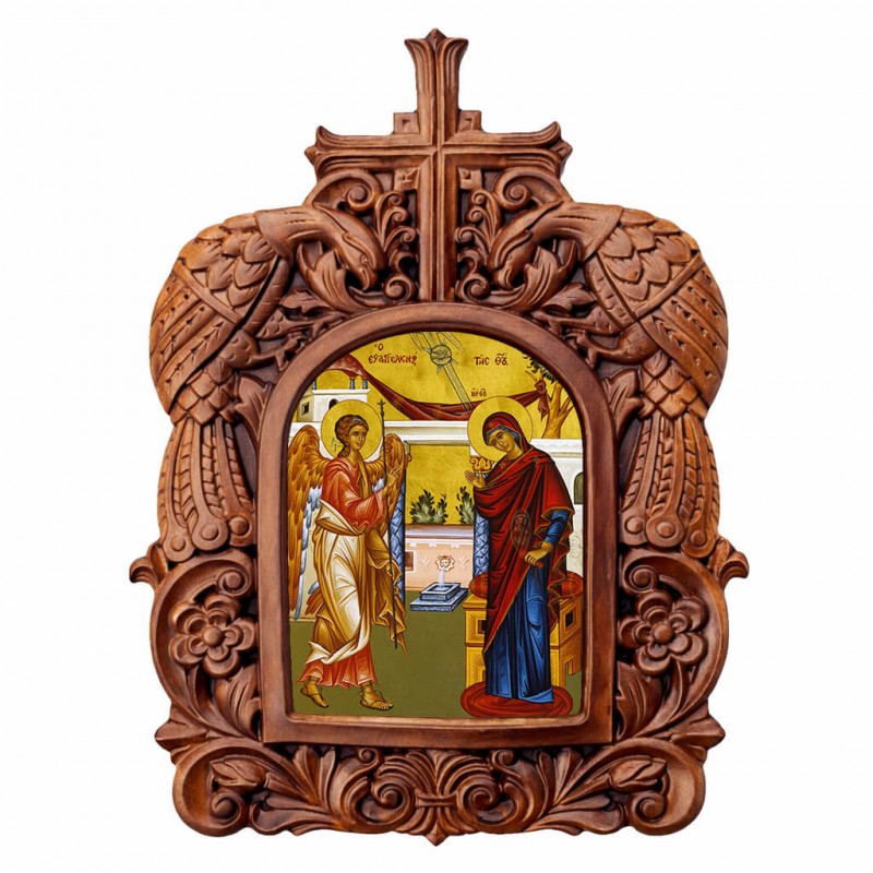 Ευαγγελισμός Θεοτόκου - Ξυλόγλυπτη Κορνίζα Παγώνια 38cm