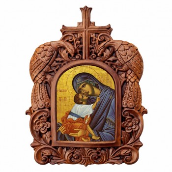 Παναγία Ελεούσα - Ξυλόγλυπτη Κορνίζα Παγώνια 38cm