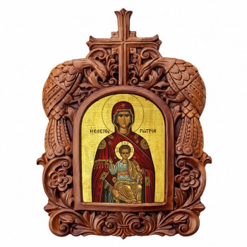 Παναγία Ελευθερώτρια - Ξυλόγλυπτη Κορνίζα Παγώνια 38cm