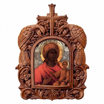 Παναγία των Ξενιτεμένων - Ξυλόγλυπτη Κορνίζα Παγώνια 38cm