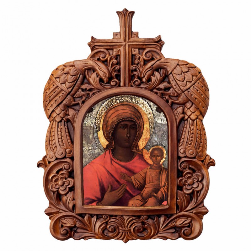 Παναγία των Ξενιτεμένων - Ξυλόγλυπτη Κορνίζα Παγώνια 38cm
