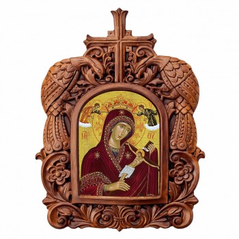 Παναγία του Χάρου - Ξυλόγλυπτη Κορνίζα Παγώνια 38cm