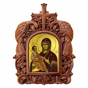 Παναγία Τριχερούσα - Ξυλόγλυπτη Κορνίζα Παγώνια 38cm