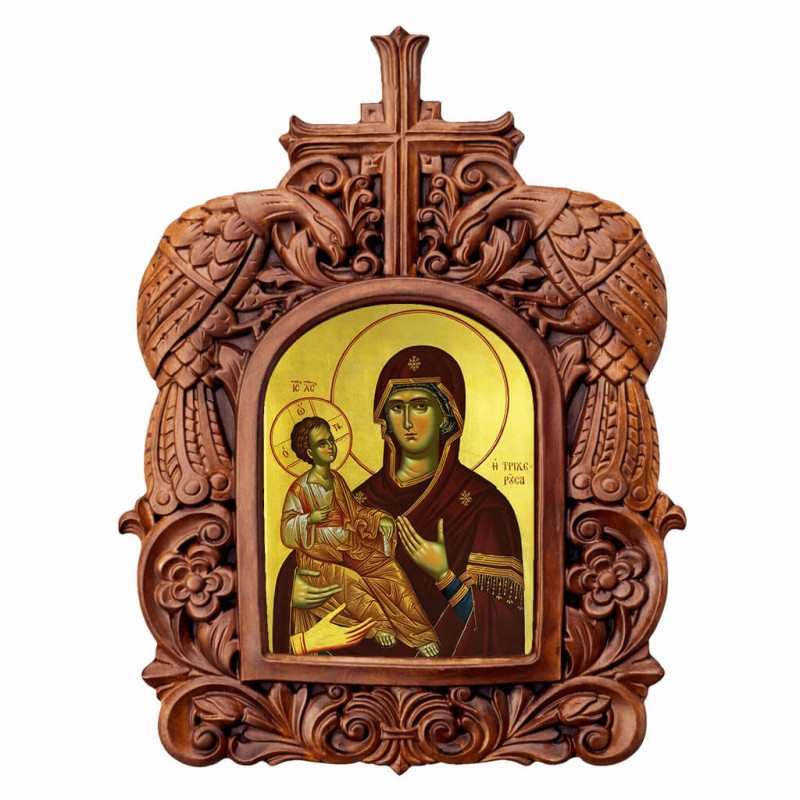 Παναγία Τριχερούσα - Ξυλόγλυπτη Κορνίζα Παγώνια 38cm