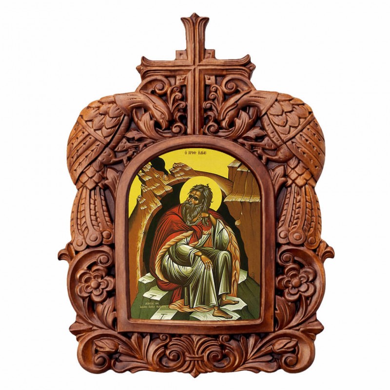 Προφήτης Ηλίας - Ξυλόγλυπτη Κορνίζα Παγώνια 38cm