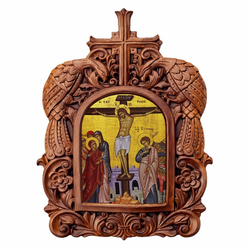 Σταύρωση Χριστού - Ξυλόγλυπτη Κορνίζα Παγώνια 38cm