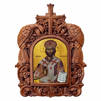 Ιησούς Χριστός Μέγας Αρχιερεύς - Ξυλόγλυπτη Κορνίζα Παγώνια 38cm