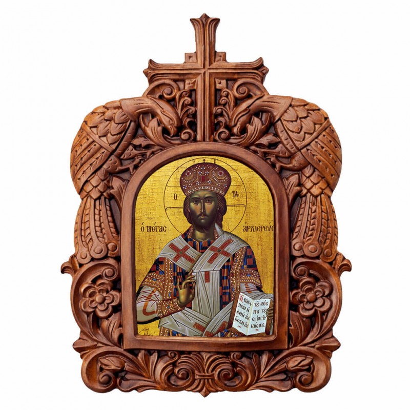 Ιησούς Χριστός Μέγας Αρχιερεύς - Ξυλόγλυπτη Κορνίζα Παγώνια 38cm