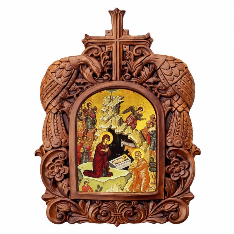 Γέννηση Χριστού - Ξυλόγλυπτη Κορνίζα Παγώνια 38cm