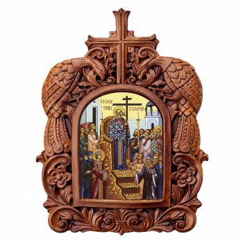 Ύψωση Τιμίου Σταυρού - Ξυλόγλυπτη Κορνίζα Παγώνια 38cm