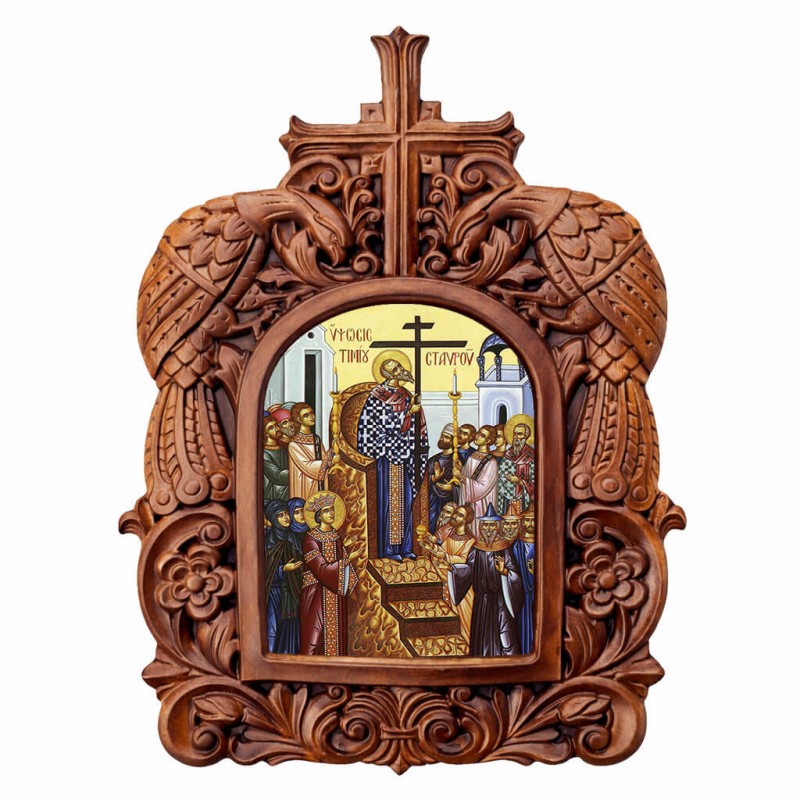 Ύψωση Τιμίου Σταυρού - Ξυλόγλυπτη Κορνίζα Παγώνια 38cm