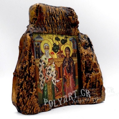 ΑΓΙΟΙ ΚΥΠΡΙΑΝΟΣ & ΙΟΥΣΤΙΝΗ – Εικόνα σε Πέτρα (Μεσαία 13cm)