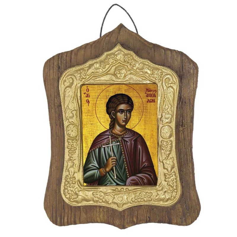 ΑΓΙΟΣ ΑΠΟΛΛΩΝ - Πέτρινη Εικόνα Τοίχου με Χρυσή Κορνίζα 19cm