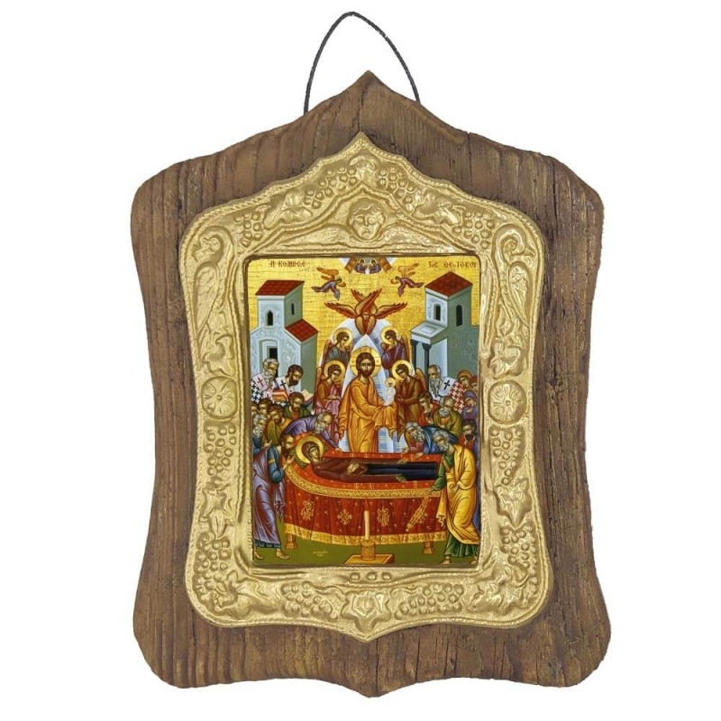 ΚΟΙΜΗΣΗ ΤΗΣ ΘΕΟΤΟΚΟΥ - Πέτρινη Εικόνα Τοίχου με Χρυσή Κορνίζα 19cm