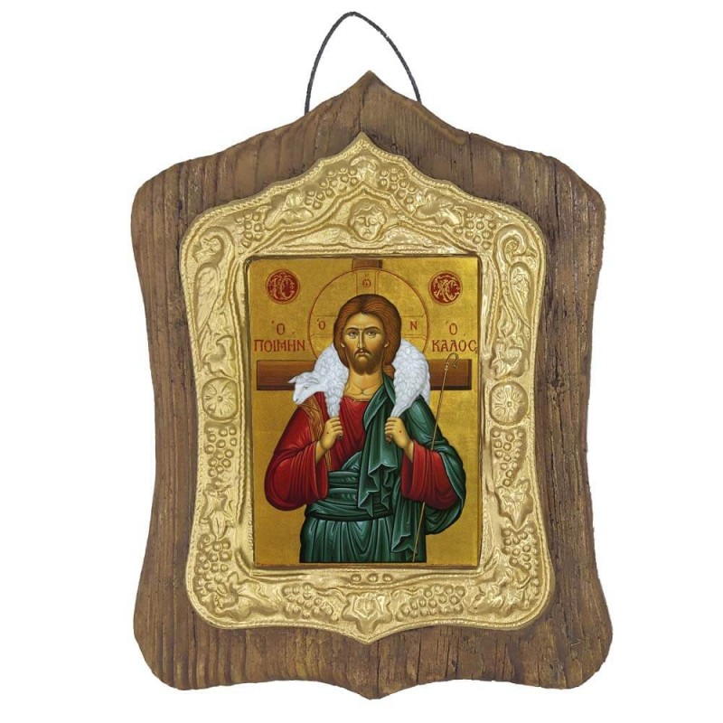 ΙΗΣΟΥΣ ΧΡΙΣΤΟΣ Ο ΚΑΛΟΣ ΠΟΙΜΗΝ - Πέτρινη Εικόνα Τοίχου με Χρυσή Κορνίζα 19cm