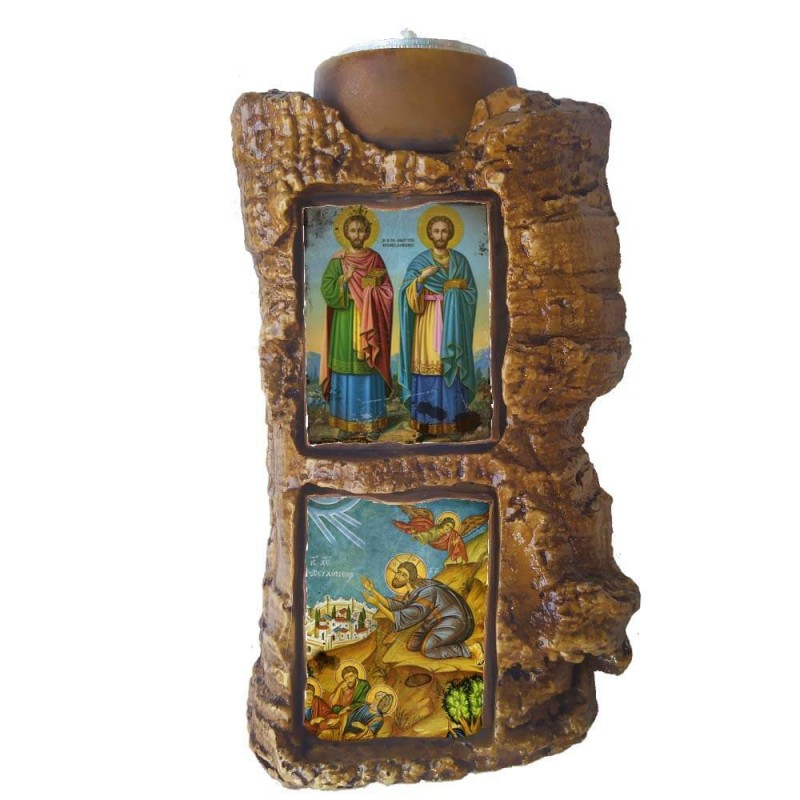 ΑΓΙΟΙ ΑΝΑΡΓΥΡΟΙ & ΙΗΣΟΥΣ ΧΡΙΣΤΟΣ ΠΡΟΣΕΥΧΟΜΕΝΟΣ - Πέτρινο Επιτραπέζιο Δίπτυχο Ρεσώ