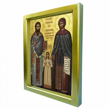 ΑΓΙΟΙ ΡΑΦΑΗΛ & ΝΙΚΟΛΑΟΣ - Χρυσή Κεραμική Εικόνα Πολυτελείας 25cm