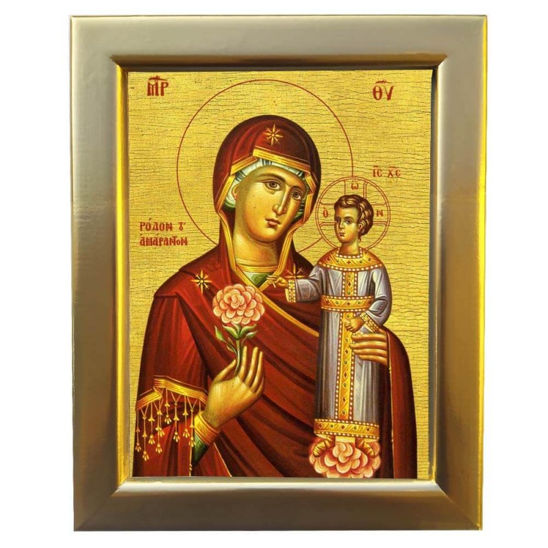 ΠΑΝΑΓΙΑ ΡΟΔΟΝ ΑΜΑΡΑΝΤΟΝ - Επίχρυση Ξύλινη εικόνα 29cm