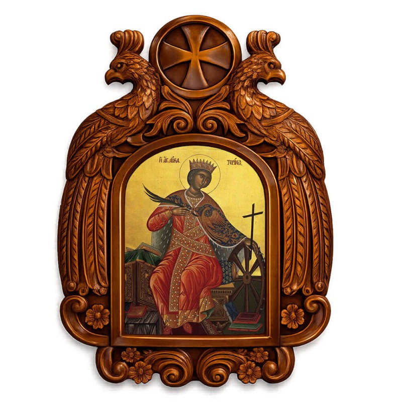 Αγία Αικατερίνη - Ξυλόγλυπτη εικόνα με αετούς 39cm
